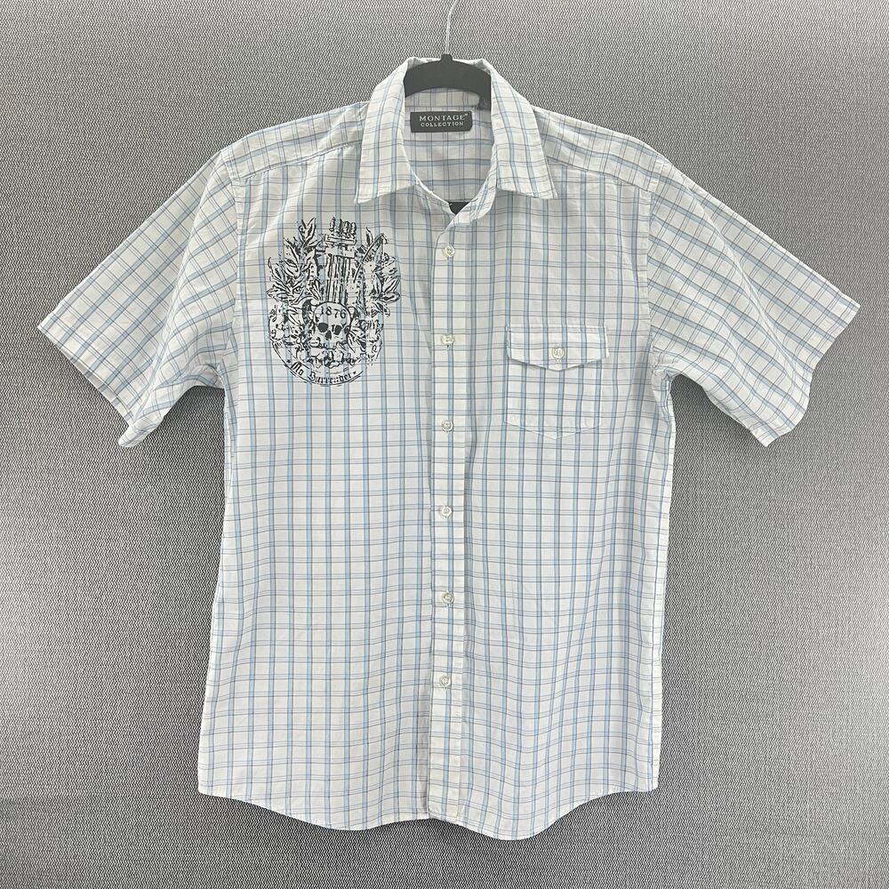 Montage Collection Mens Plaid Lightweight Button Up Shirt L No Surrender Scull